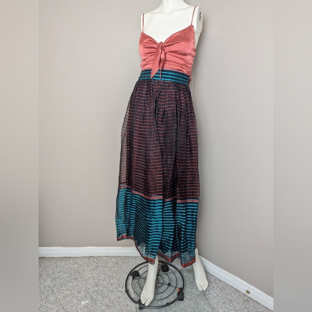 Vintage 1960s Ruth Statner Sheer Stripe Maxi Skirt Blue Red Black Lined High Wai